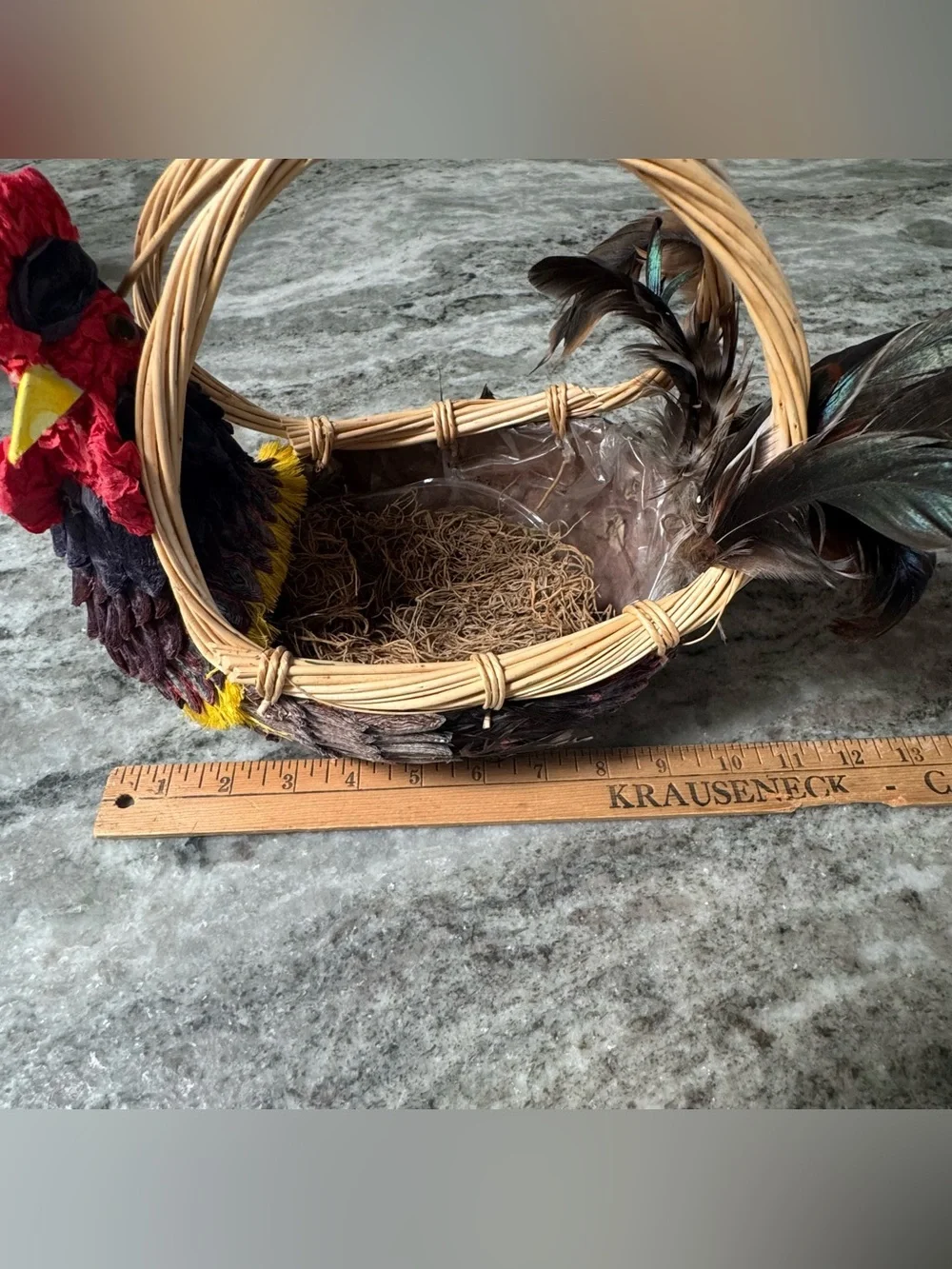 Vintage Handcrafted Rooster Wicker Basket Centerpiece Feather Country Farmhouse